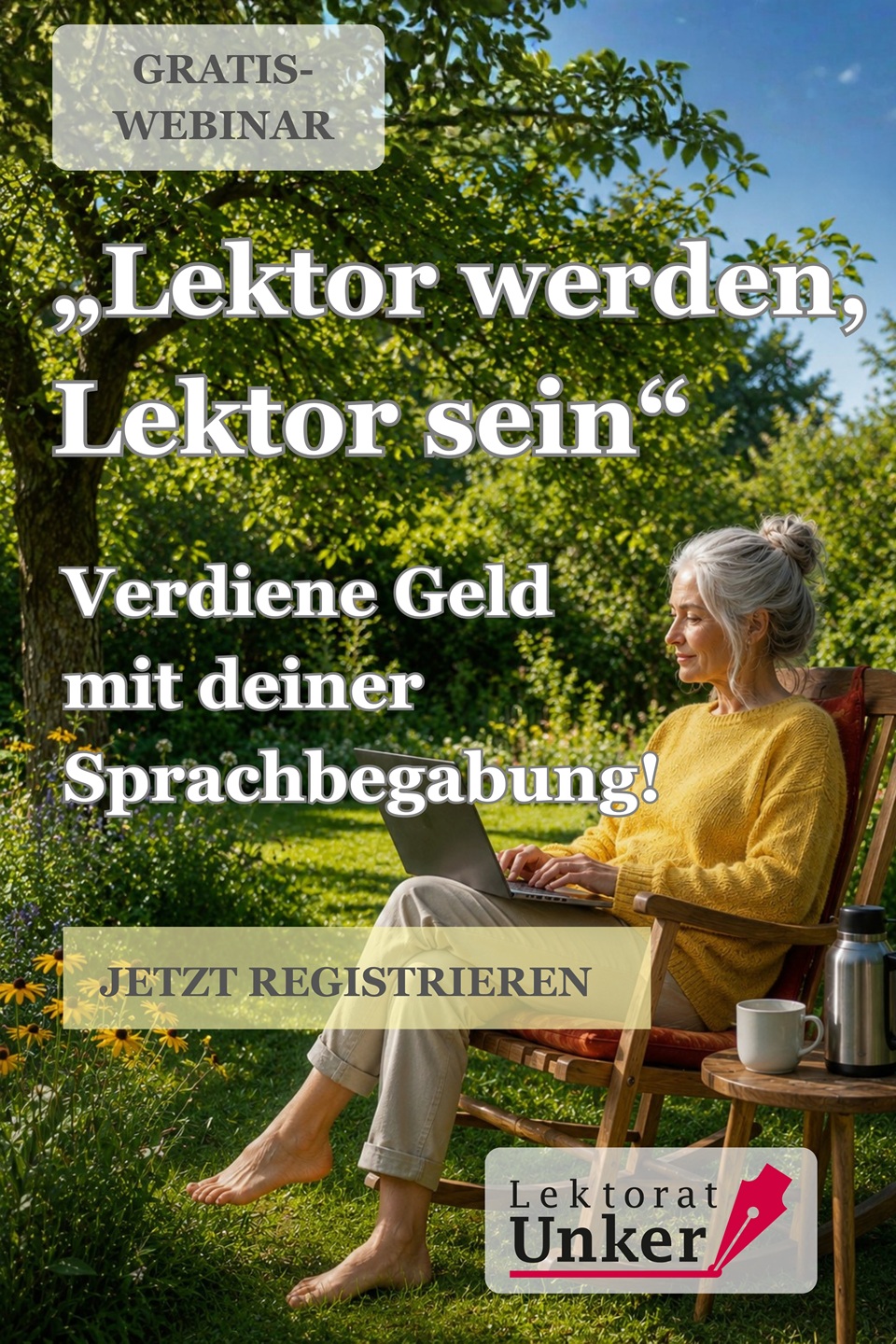Eine Lektorin sitzt barfuß entspannt im Garten und arbeitet mit ihrem Notebook. Das Bild ist KI-generiert.